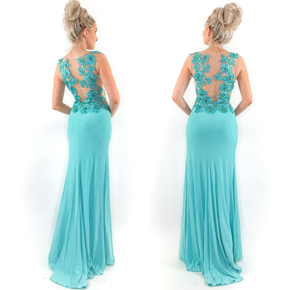 Fitted Illusion Blue Lace Prom Pageant Dress - Picture 4 of 8